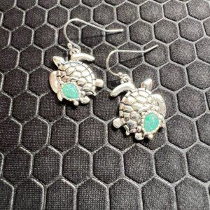 Turtle and Baby Earrings with Aqua Sea Glass 18K White Gold Plated